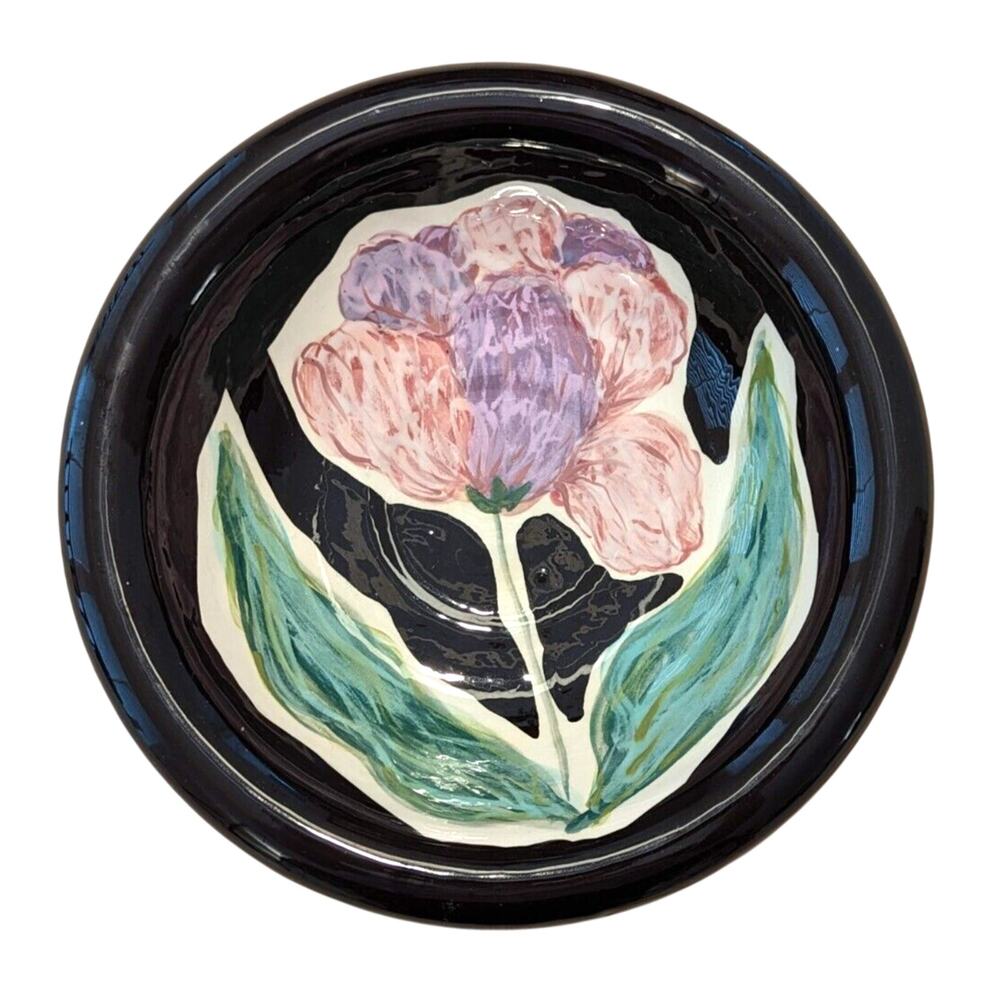 Lesal Ceramics Lisa Lindberg Bowl Signed Painted Floral Art Studio Pottery Black